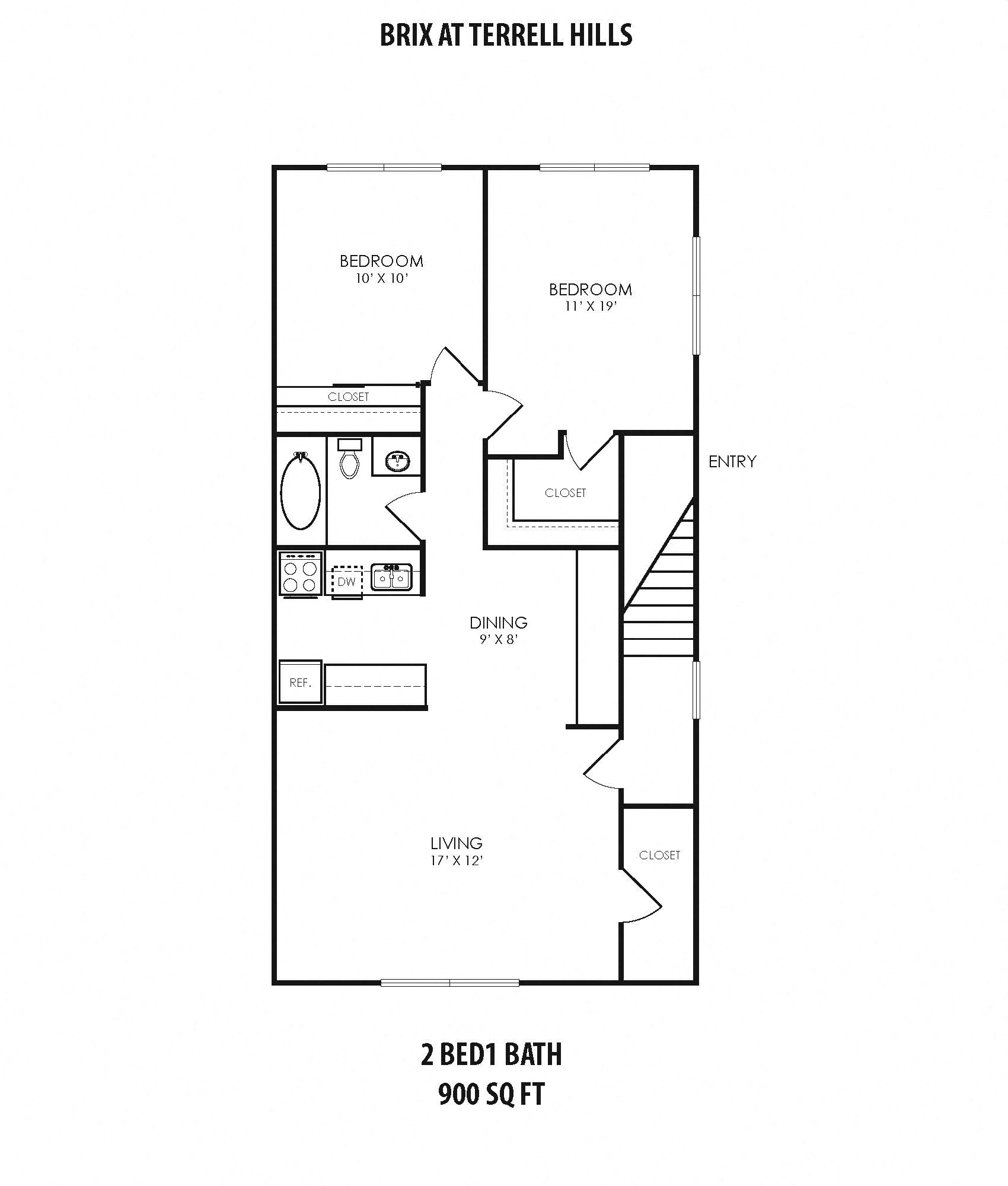 Floor plan for 2 beds, 1 bath, 900 sqft